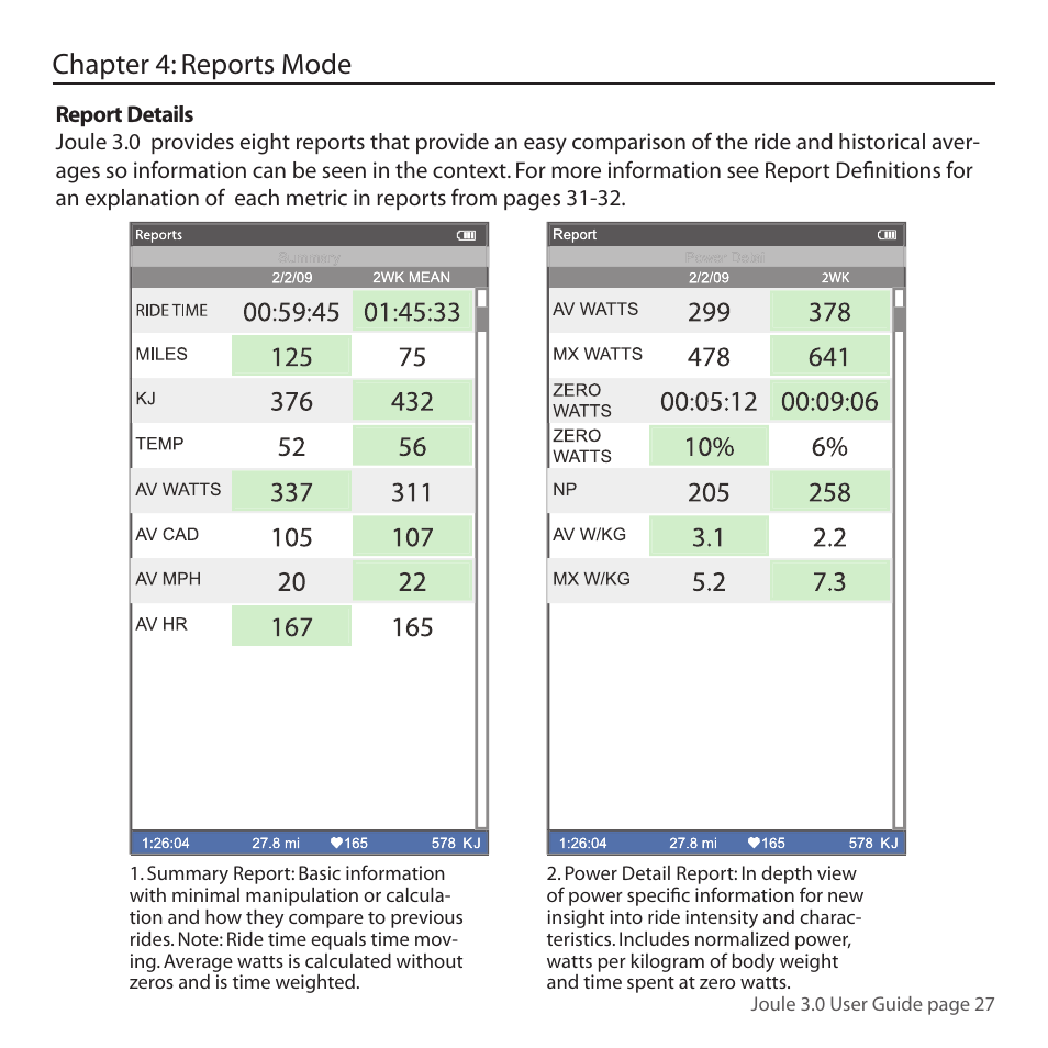 Chapter 4: reports mode | PowerTap Joule 3.0 User Manual | Page 27 / 84