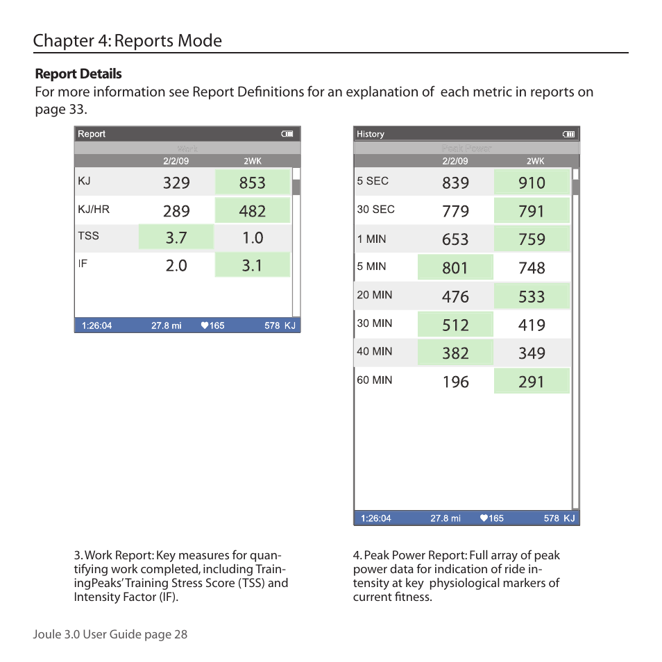 Chapter 4: reports mode | PowerTap Joule 3.0 User Manual | Page 28 / 84