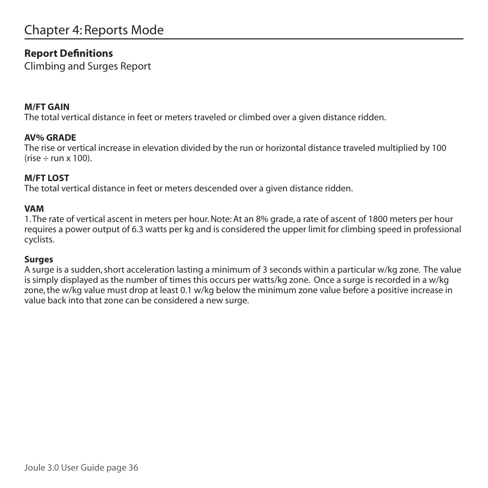 Chapter 4: reports mode | PowerTap Joule 3.0 User Manual | Page 36 / 84