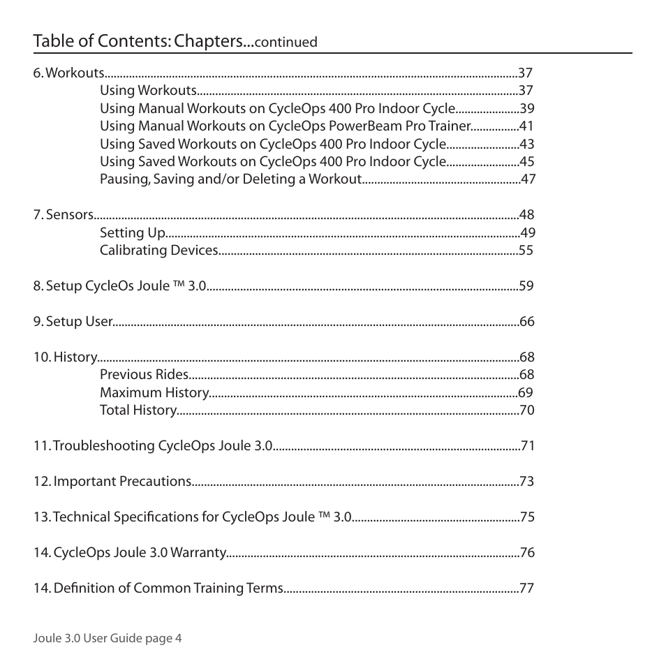 Table of contents: chapters | PowerTap Joule 3.0 User Manual | Page 4 / 84