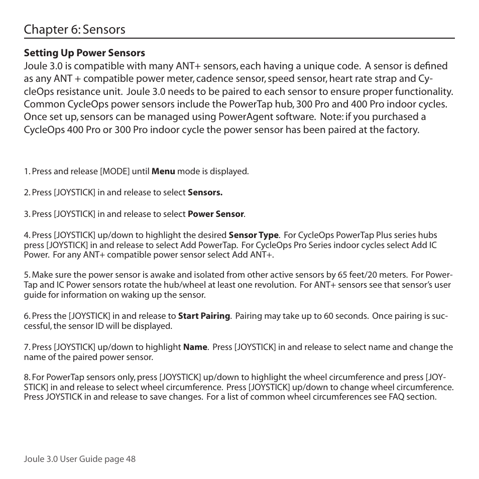Chapter 6: sensors | PowerTap Joule 3.0 User Manual | Page 48 / 84