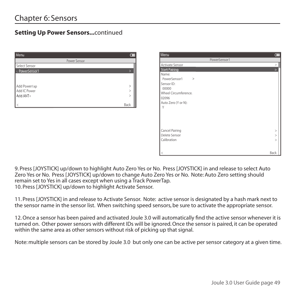 Chapter 6: sensors, Setting up power sensors...continued, Joule 3.0 user guide page 49 | PowerTap Joule 3.0 User Manual | Page 49 / 84