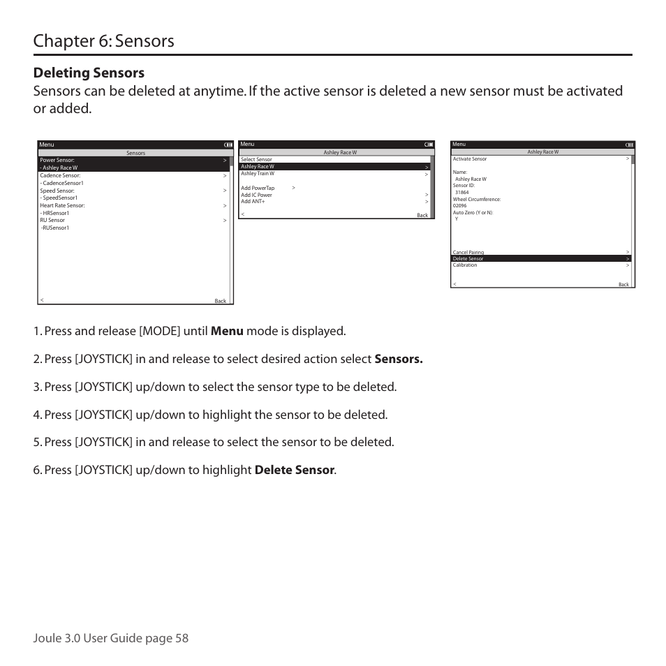 Chapter 6: sensors, Joule 3.0 user guide page 58 | PowerTap Joule 3.0 User Manual | Page 58 / 84