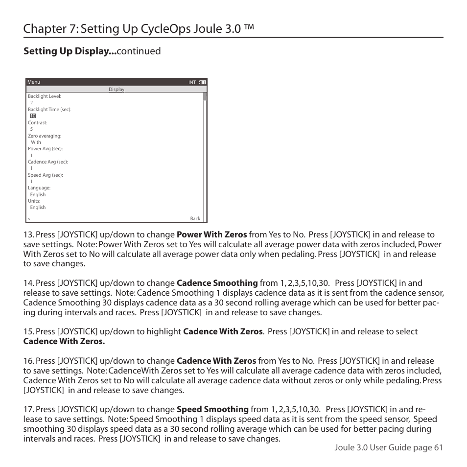 Chapter 7: setting up cycleops joule 3.0, Setting up display...continued, Joule 3.0 user guide page 61 | PowerTap Joule 3.0 User Manual | Page 61 / 84
