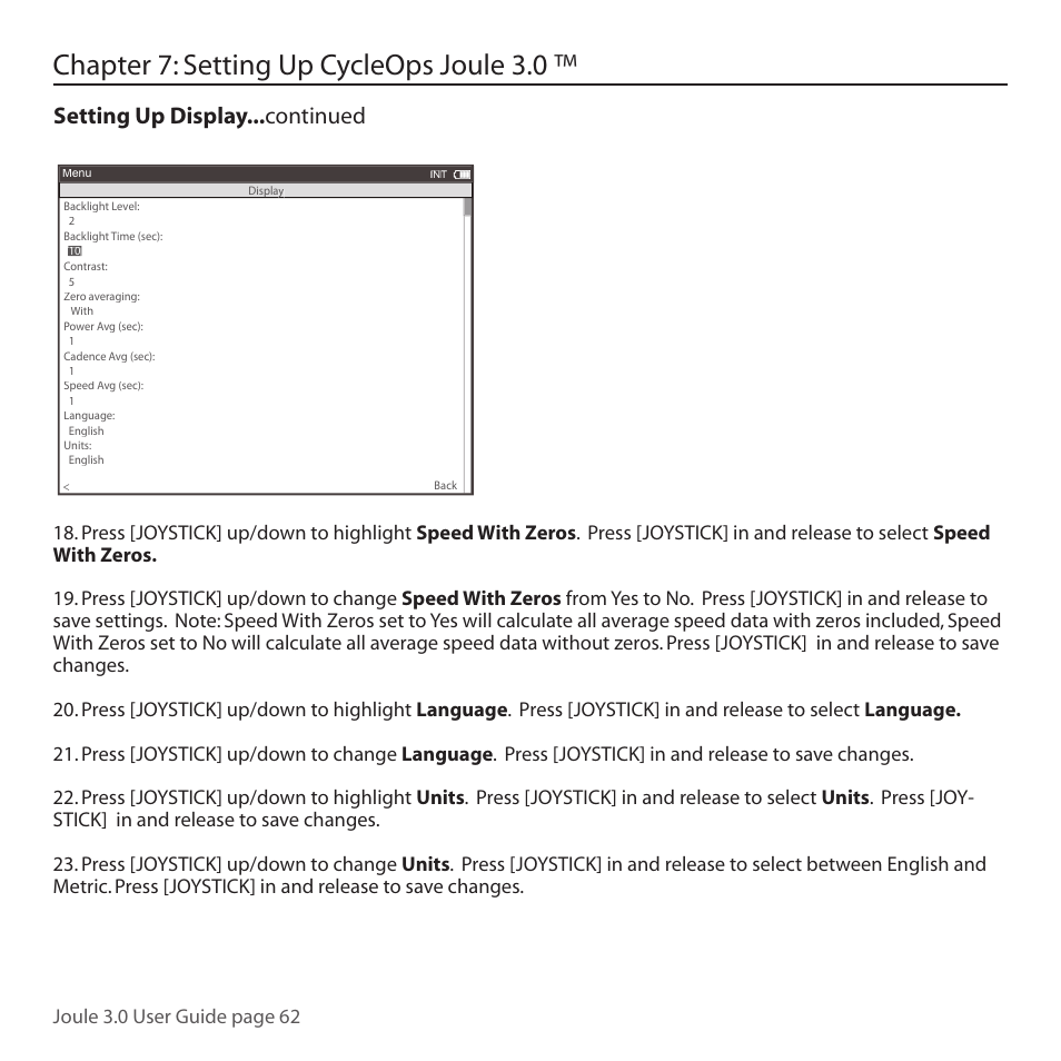 Chapter 7: setting up cycleops joule 3.0, Setting up display...continued, Joule 3.0 user guide page 62 | PowerTap Joule 3.0 User Manual | Page 62 / 84