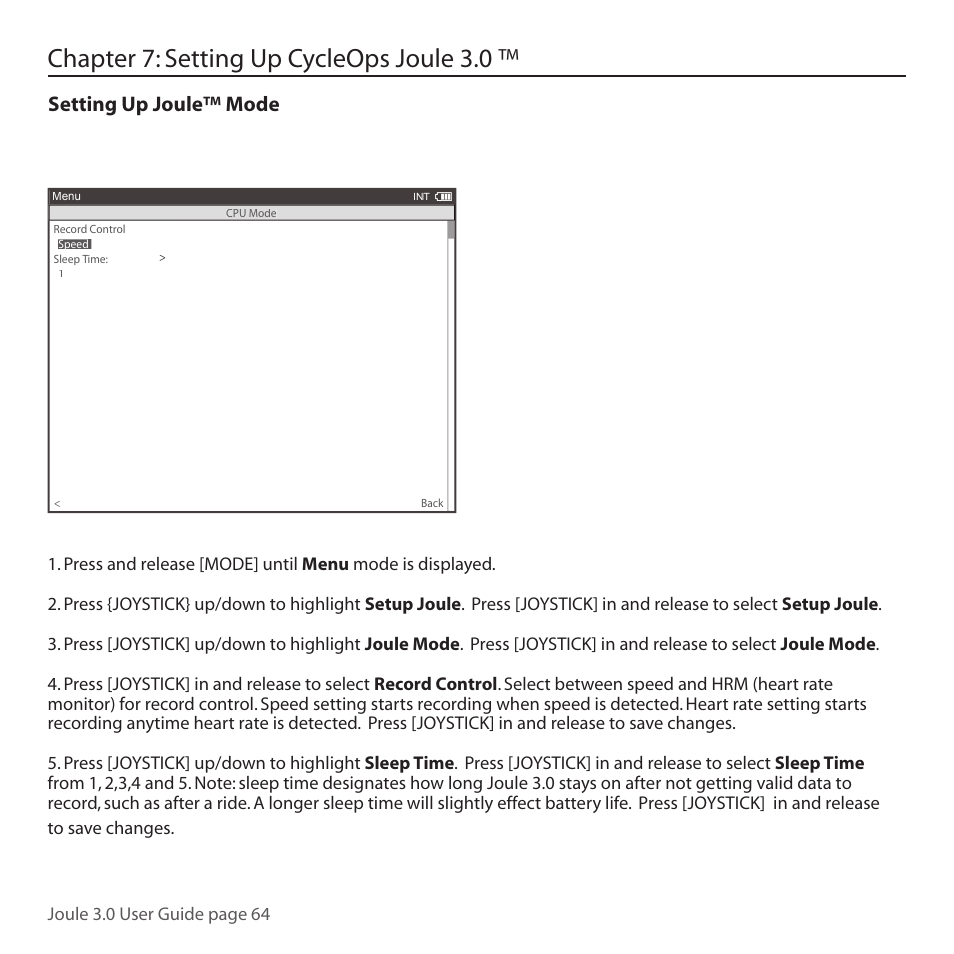 Chapter 7: setting up cycleops joule 3.0, Setting up joule™ mode, Joule 3.0 user guide page 64 | PowerTap Joule 3.0 User Manual | Page 64 / 84