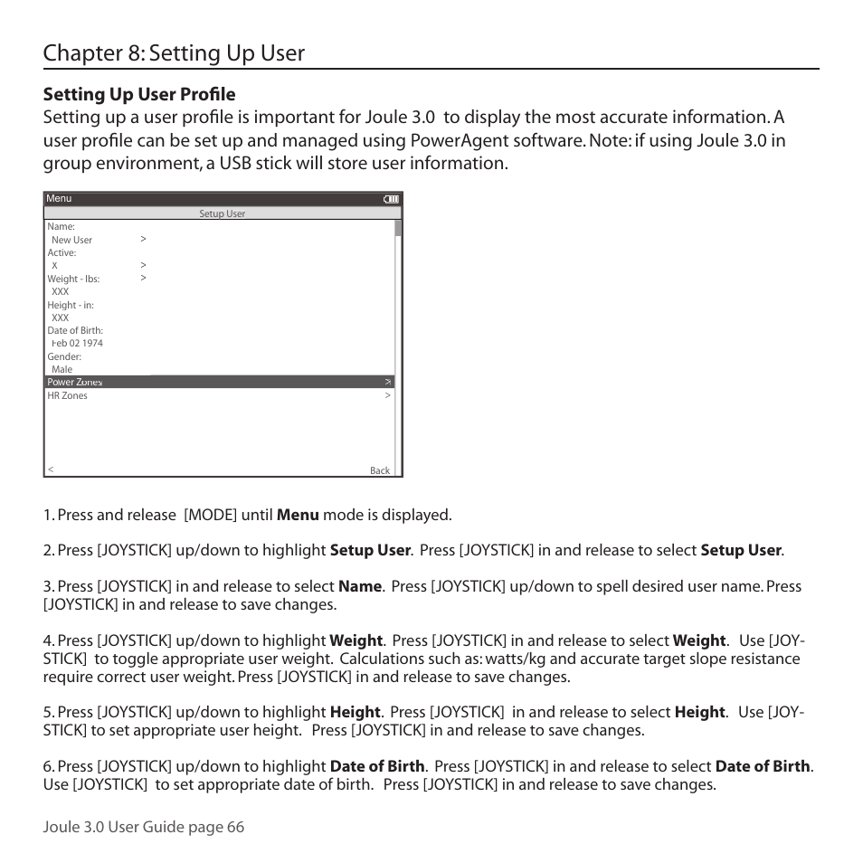 Chapter 8: setting up user, Joule 3.0 user guide page 66 | PowerTap Joule 3.0 User Manual | Page 66 / 84