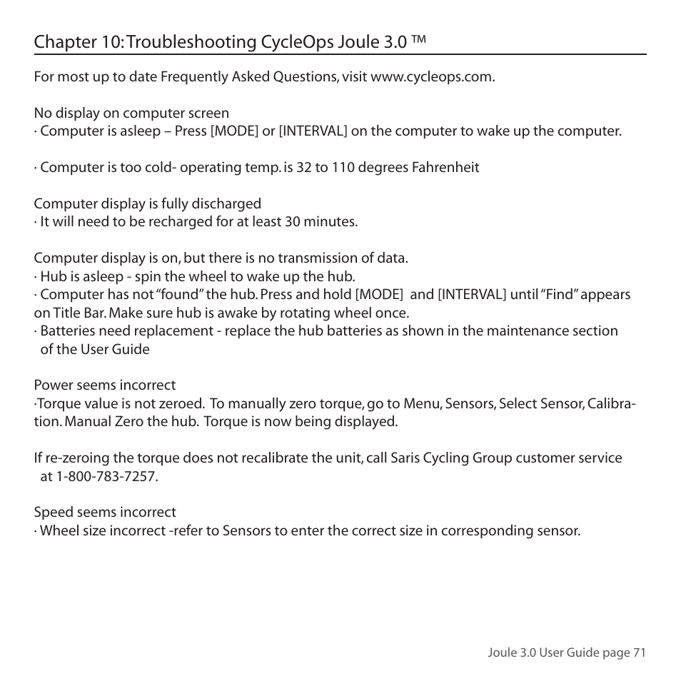 Chapter 10: troubleshooting cycleops joule 3.0 | PowerTap Joule 3.0 User Manual | Page 71 / 84