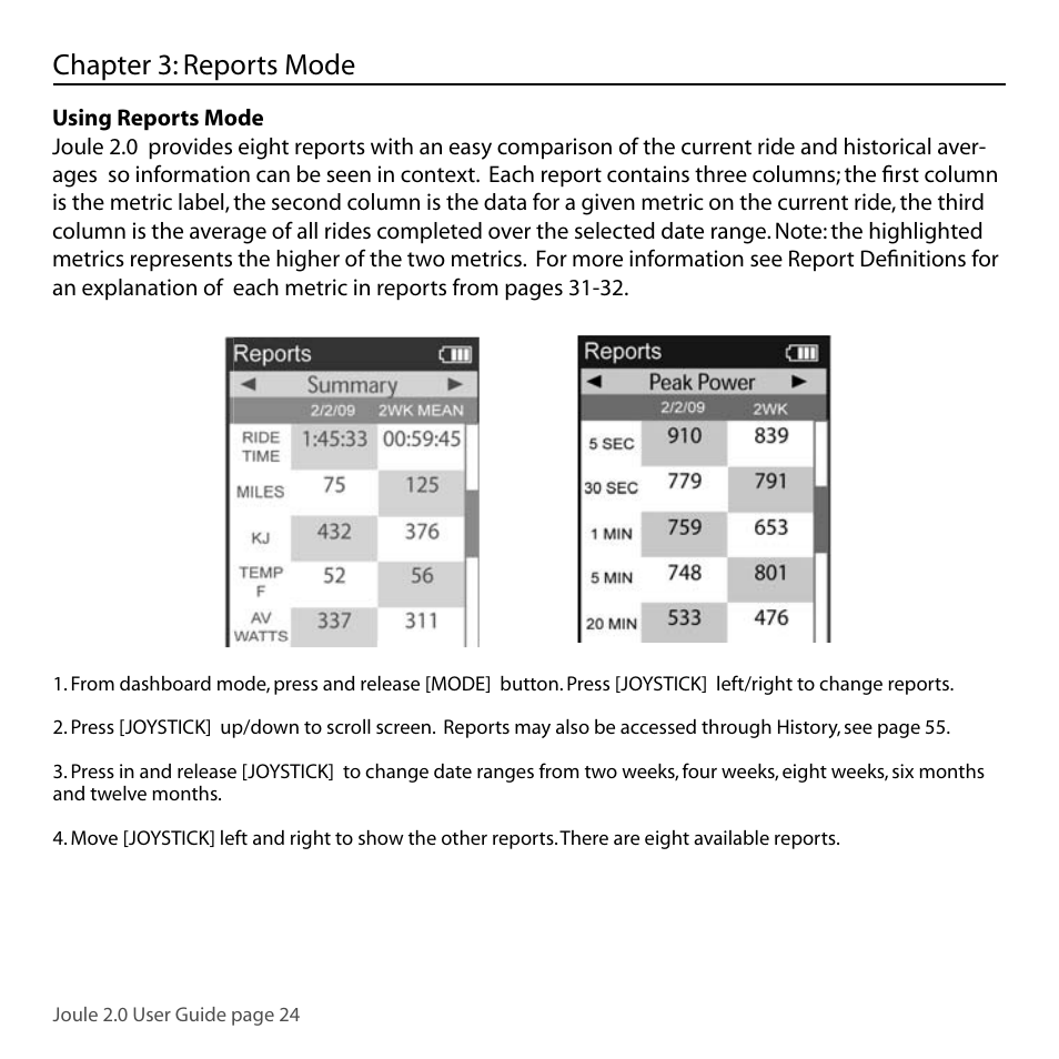 Chapter 3: reports mode | PowerTap Joule 2.0 User Manual | Page 24 / 82