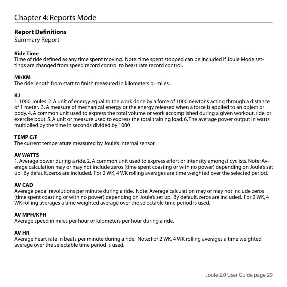Chapter 4: reports mode | PowerTap Joule 2.0 User Manual | Page 29 / 82