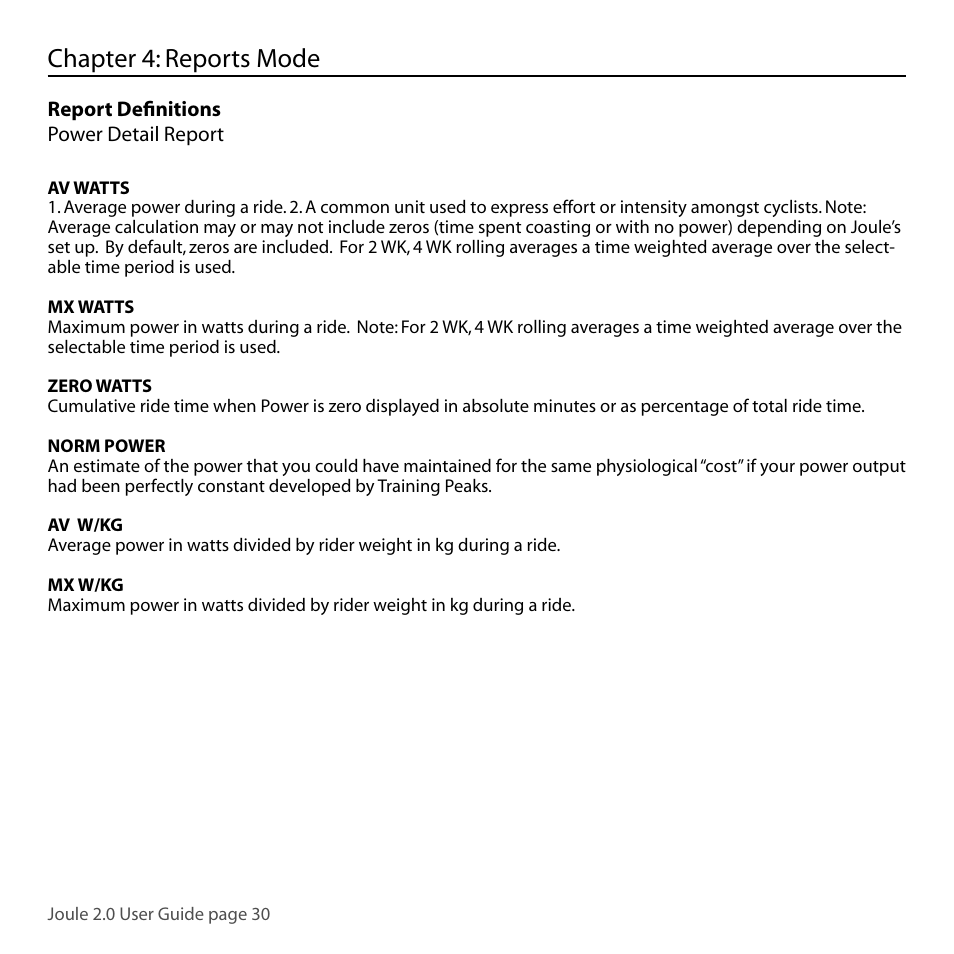 Chapter 4: reports mode | PowerTap Joule 2.0 User Manual | Page 30 / 82