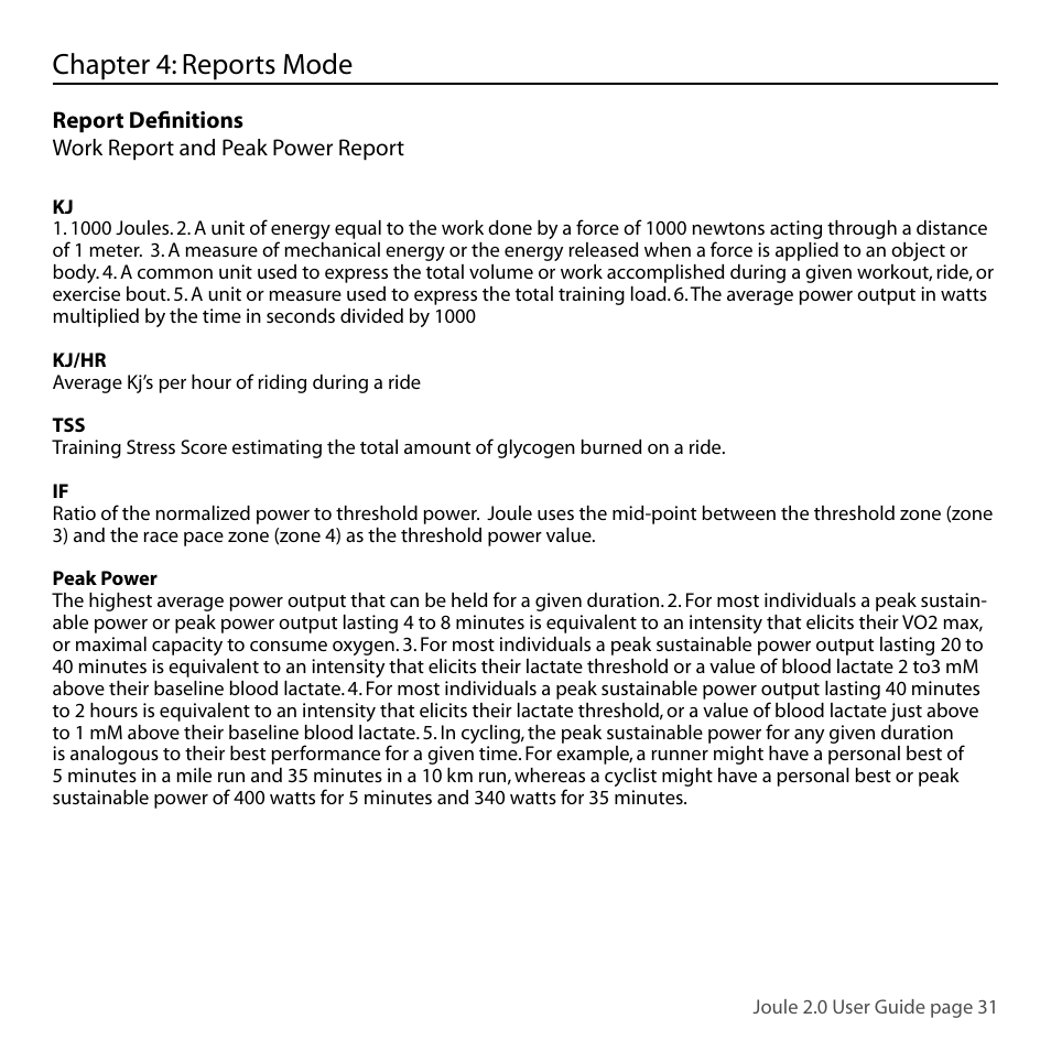 Chapter 4: reports mode | PowerTap Joule 2.0 User Manual | Page 31 / 82