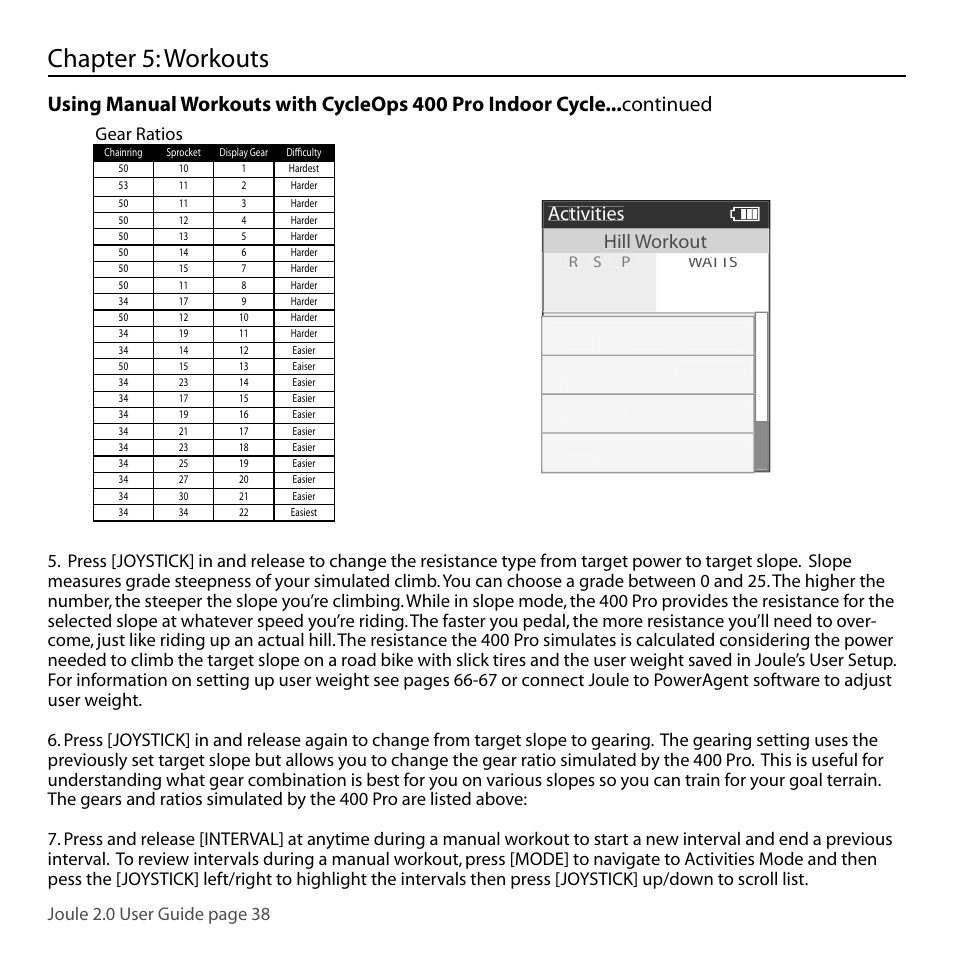 Chapter 5: workouts, Hill workout activities, Joule 2.0 user guide page 38 | Gear ratios | PowerTap Joule 2.0 User Manual | Page 38 / 82