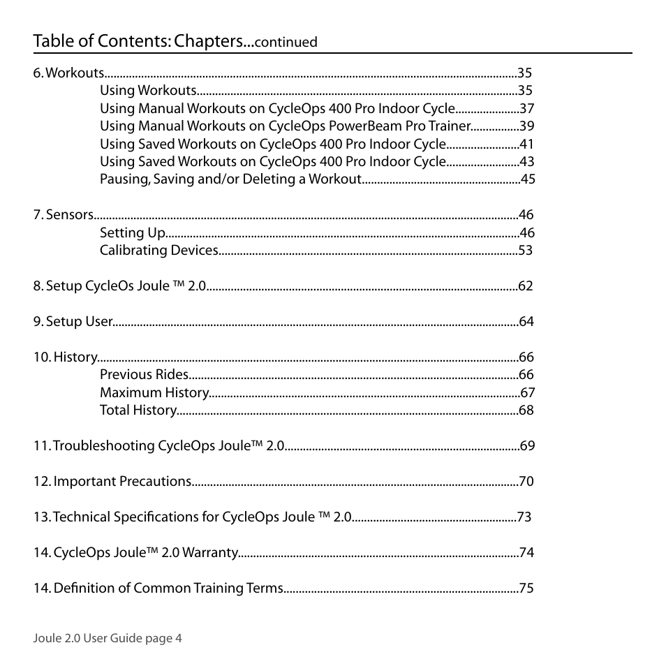 Table of contents: chapters | PowerTap Joule 2.0 User Manual | Page 4 / 82