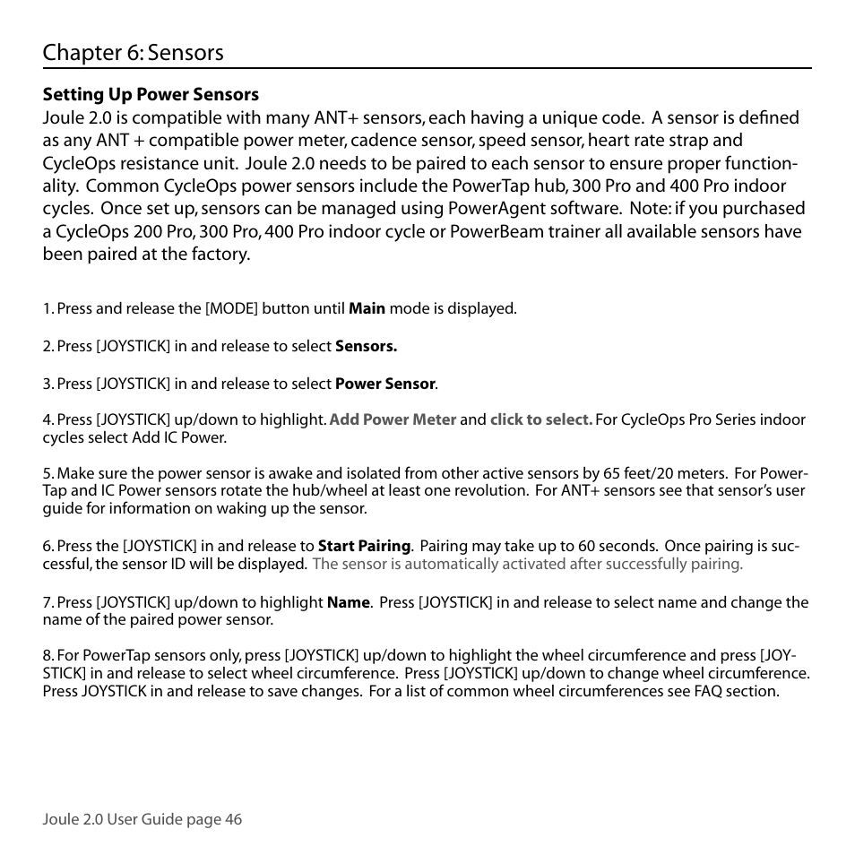 Chapter 6: sensors | PowerTap Joule 2.0 User Manual | Page 46 / 82
