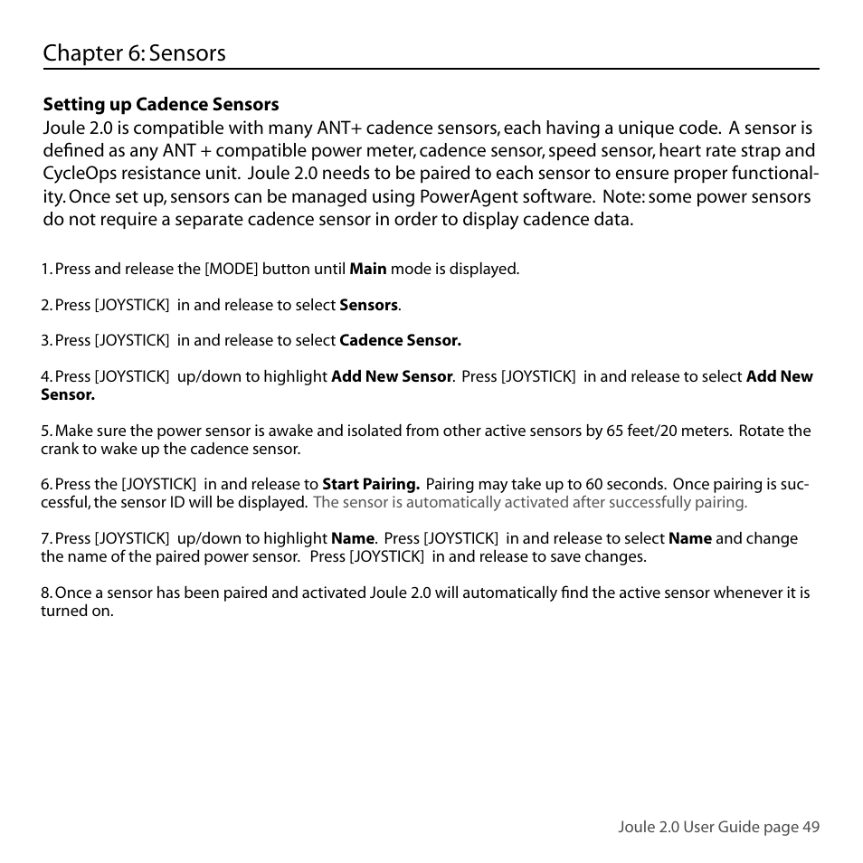 Chapter 6: sensors | PowerTap Joule 2.0 User Manual | Page 49 / 82
