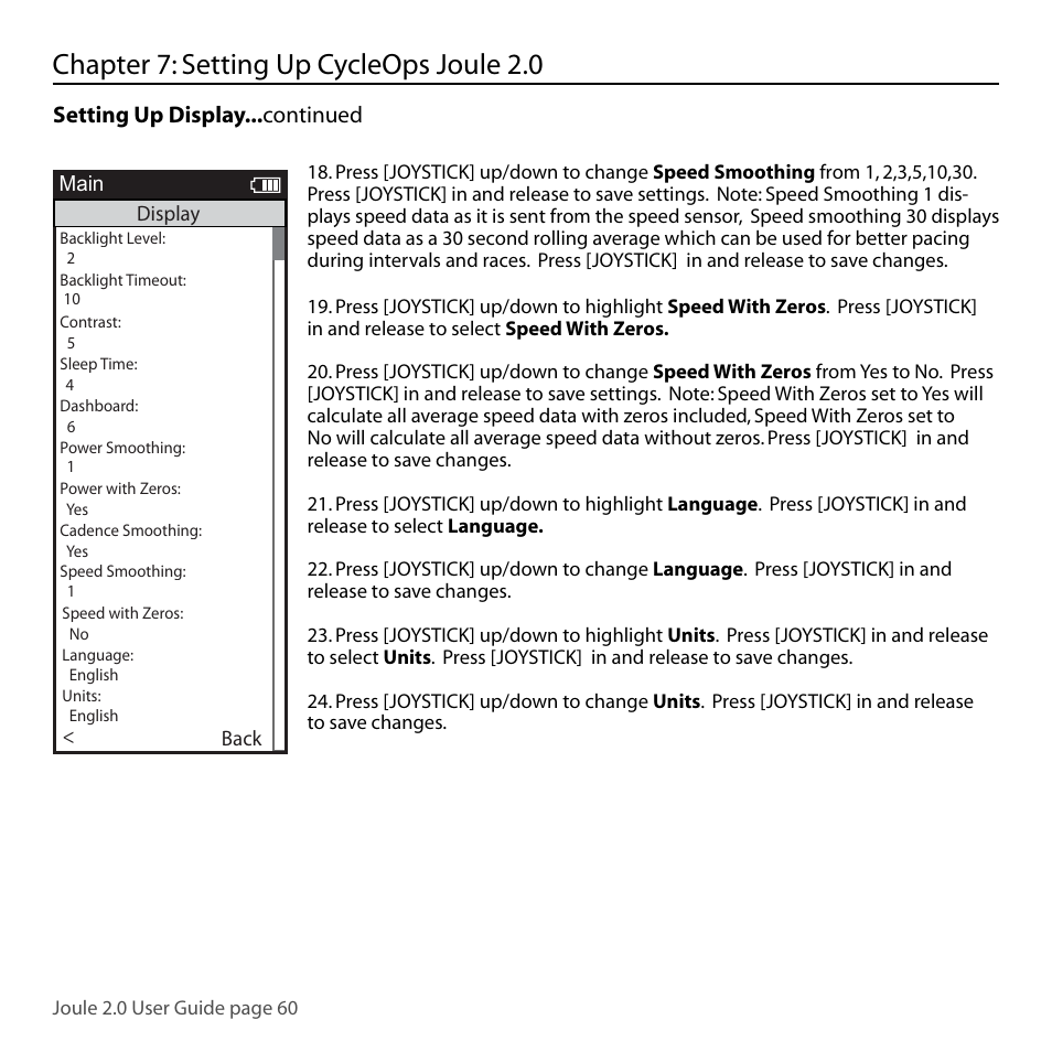 Chapter 7: setting up cycleops joule 2.0, Setting up display... continued | PowerTap Joule 2.0 User Manual | Page 60 / 82