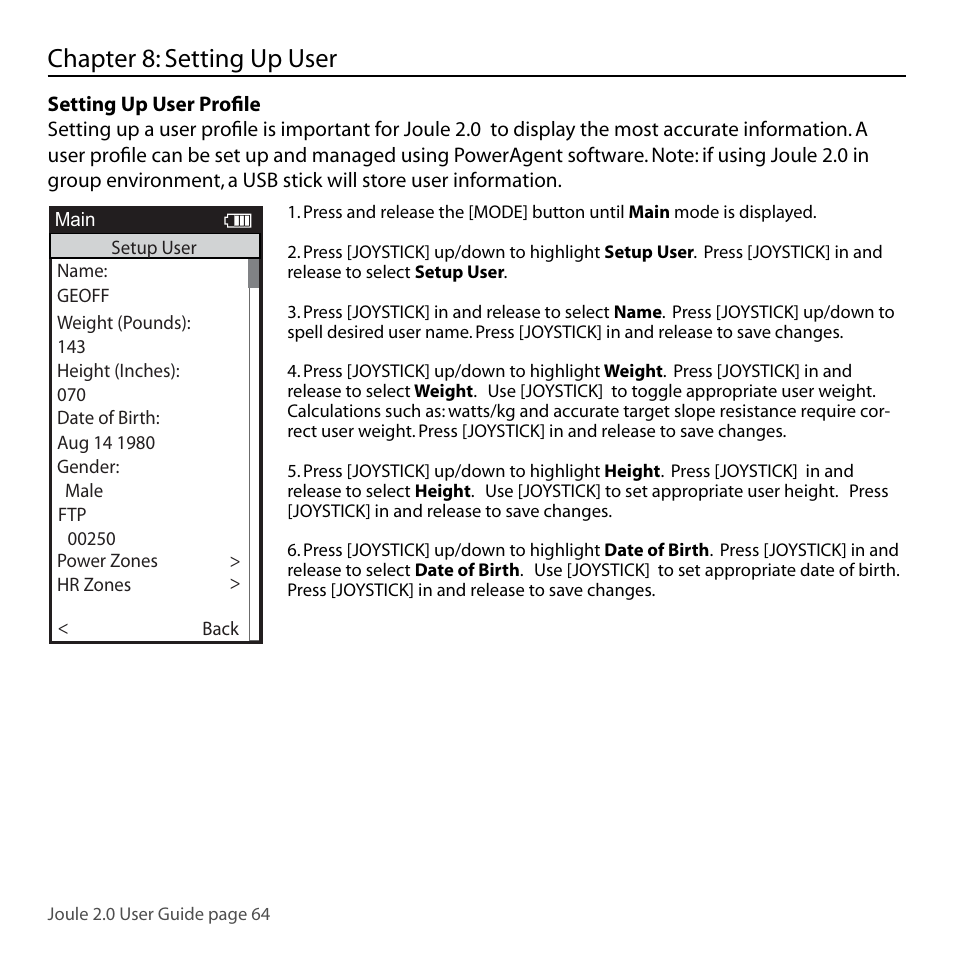 Chapter 8: setting up user | PowerTap Joule 2.0 User Manual | Page 64 / 82