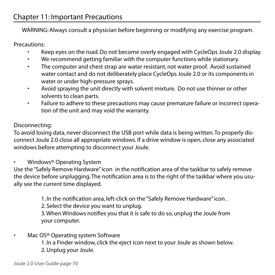 Chapter 11: important precautions | PowerTap Joule 2.0 User Manual | Page 70 / 82