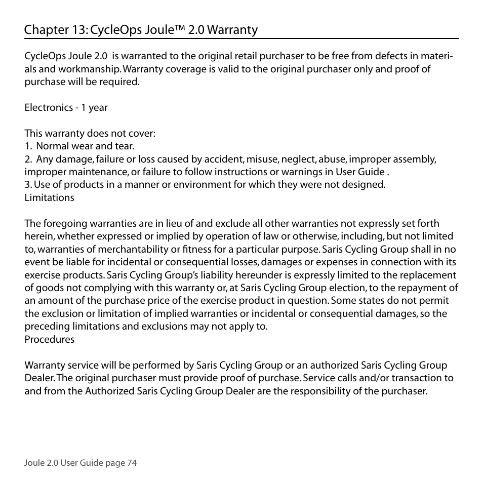 Chapter 13: cycleops joule™ 2.0 warranty | PowerTap Joule 2.0 User Manual | Page 74 / 82