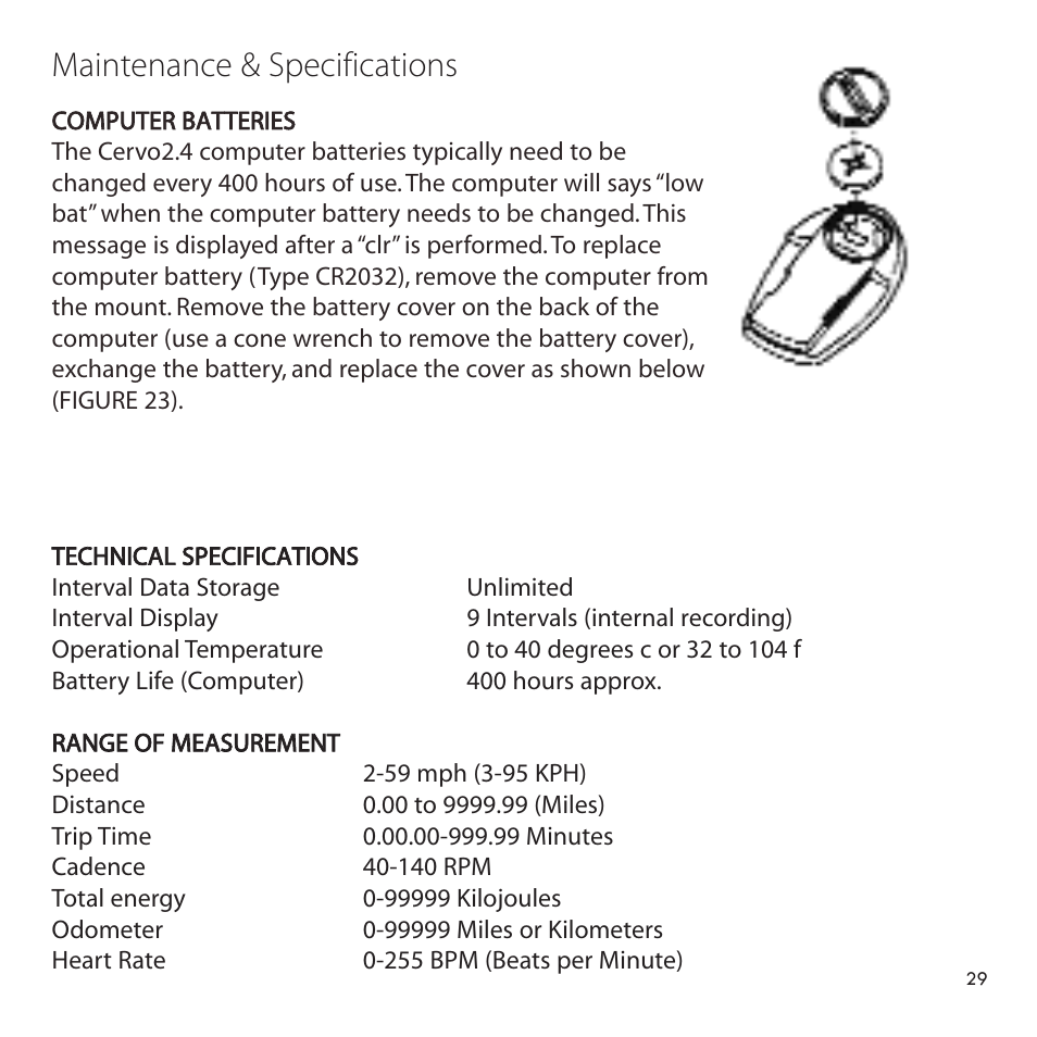 Maintenance & specifications | PowerTap Cervo 2.4 Pro User Manual | Page 29 / 32