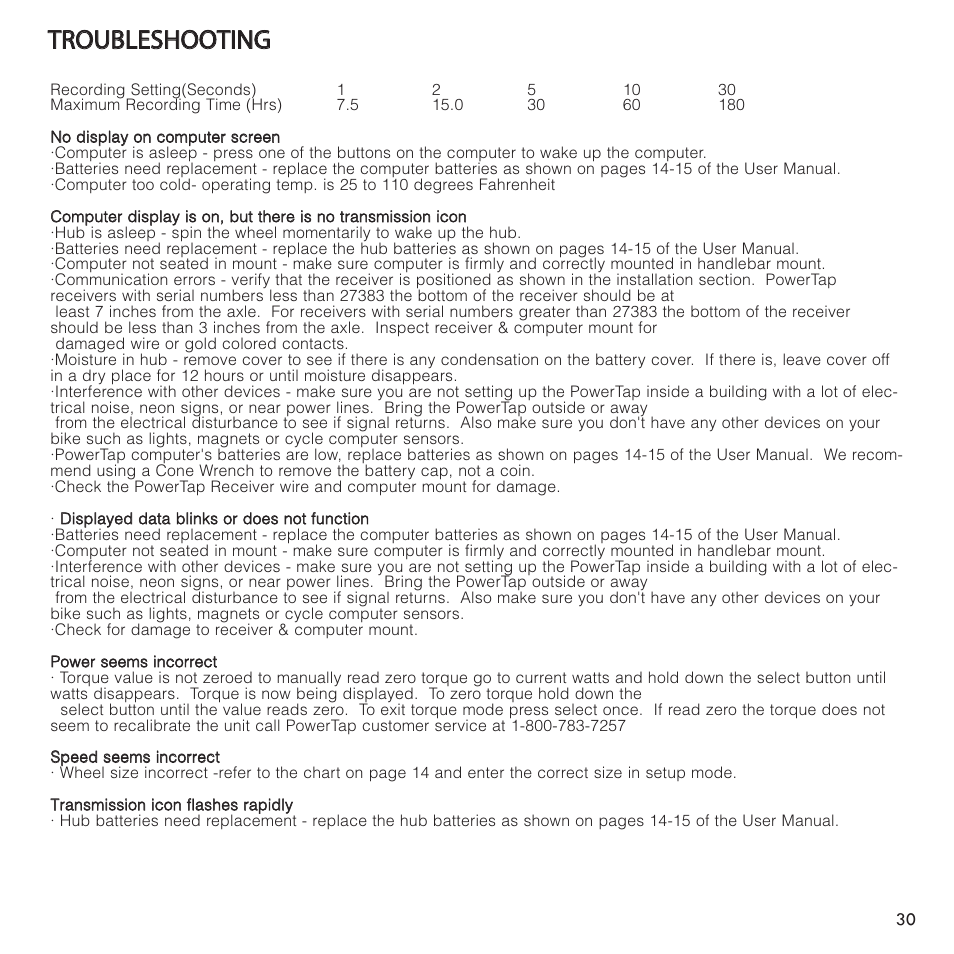 Ttr ro ou ub bl le es sh ho oo ot tiin ng g | PowerTap SL User Manual | Page 30 / 39