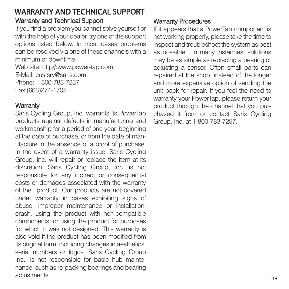 PowerTap SL User Manual | Page 38 / 39