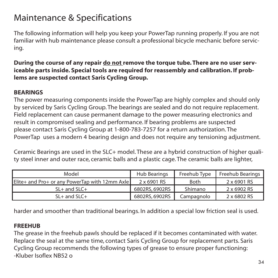 Maintenance & specifications | PowerTap SLC+ User Guide User Manual | Page 34 / 44