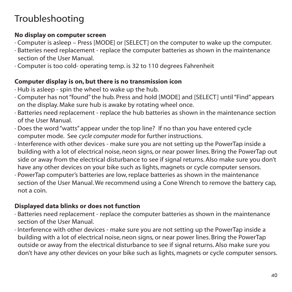 Troubleshooting | PowerTap SLC+ User Guide User Manual | Page 40 / 44