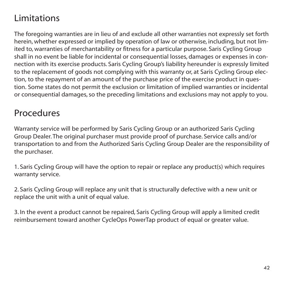 Limitations, Procedures | PowerTap SLC+ User Guide User Manual | Page 42 / 44