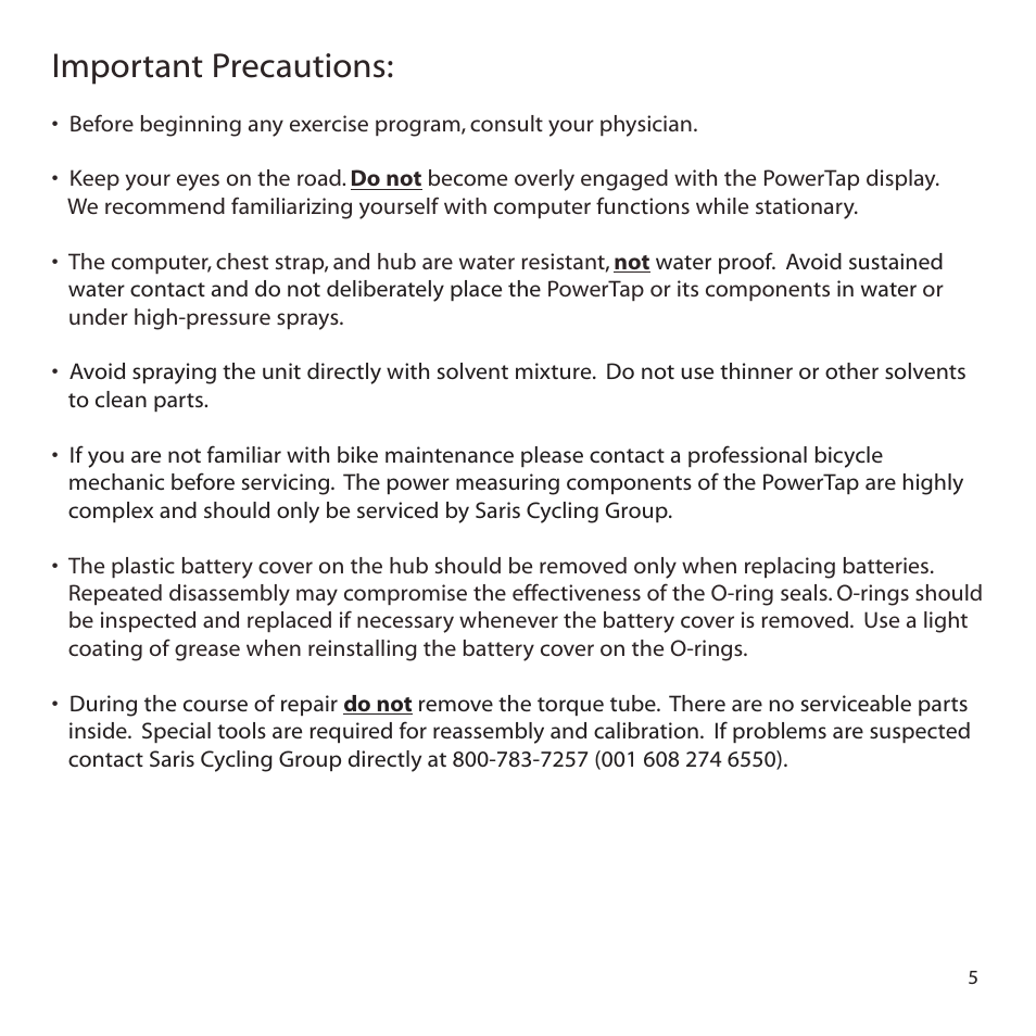 Important precautions | PowerTap SLC+ User Guide User Manual | Page 5 / 44