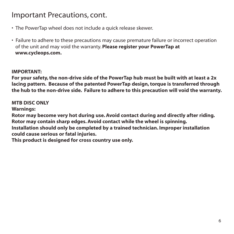 Important precautions, cont | PowerTap SLC+ User Guide User Manual | Page 6 / 44