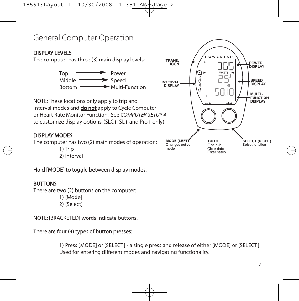 General computer operation | PowerTap SLC+ Quick Start User Manual | Page 2 / 10