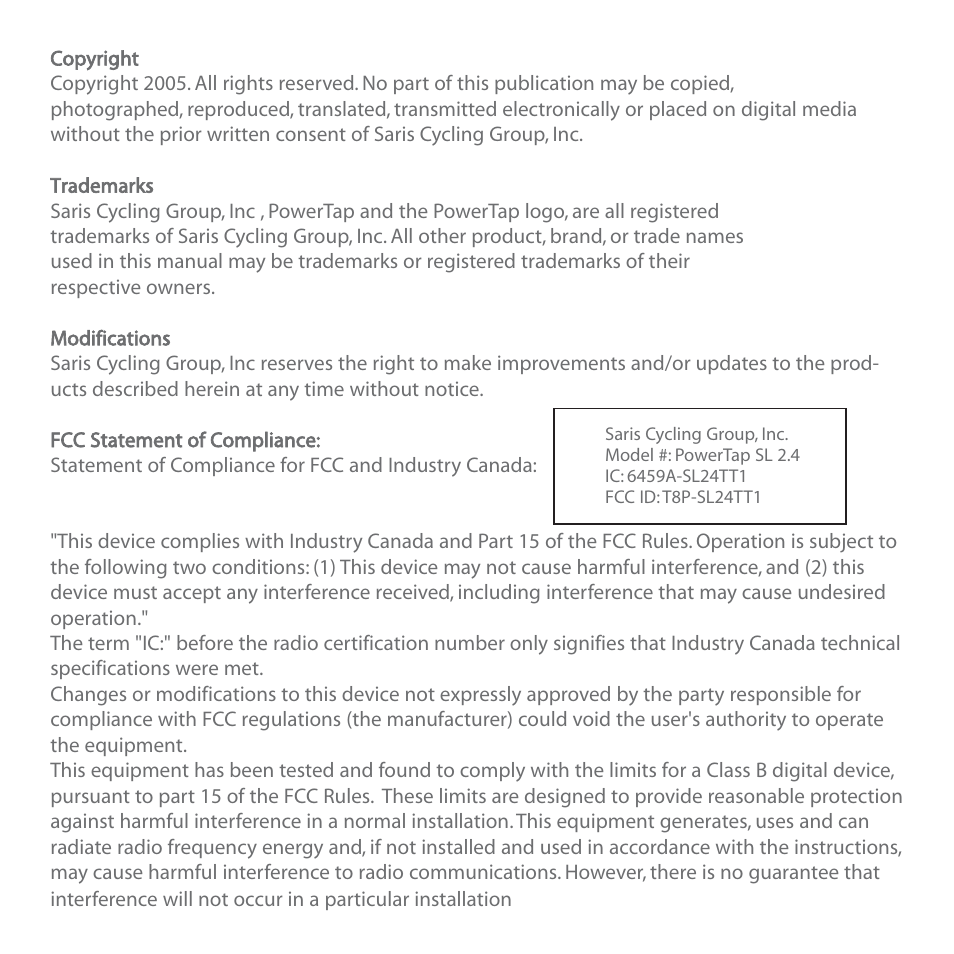 PowerTap SL 2.4 User Manual | Page 2 / 45