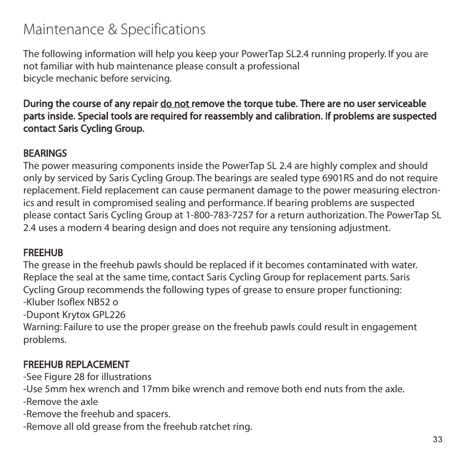 Maintenance & specifications | PowerTap SL 2.4 User Manual | Page 33 / 45