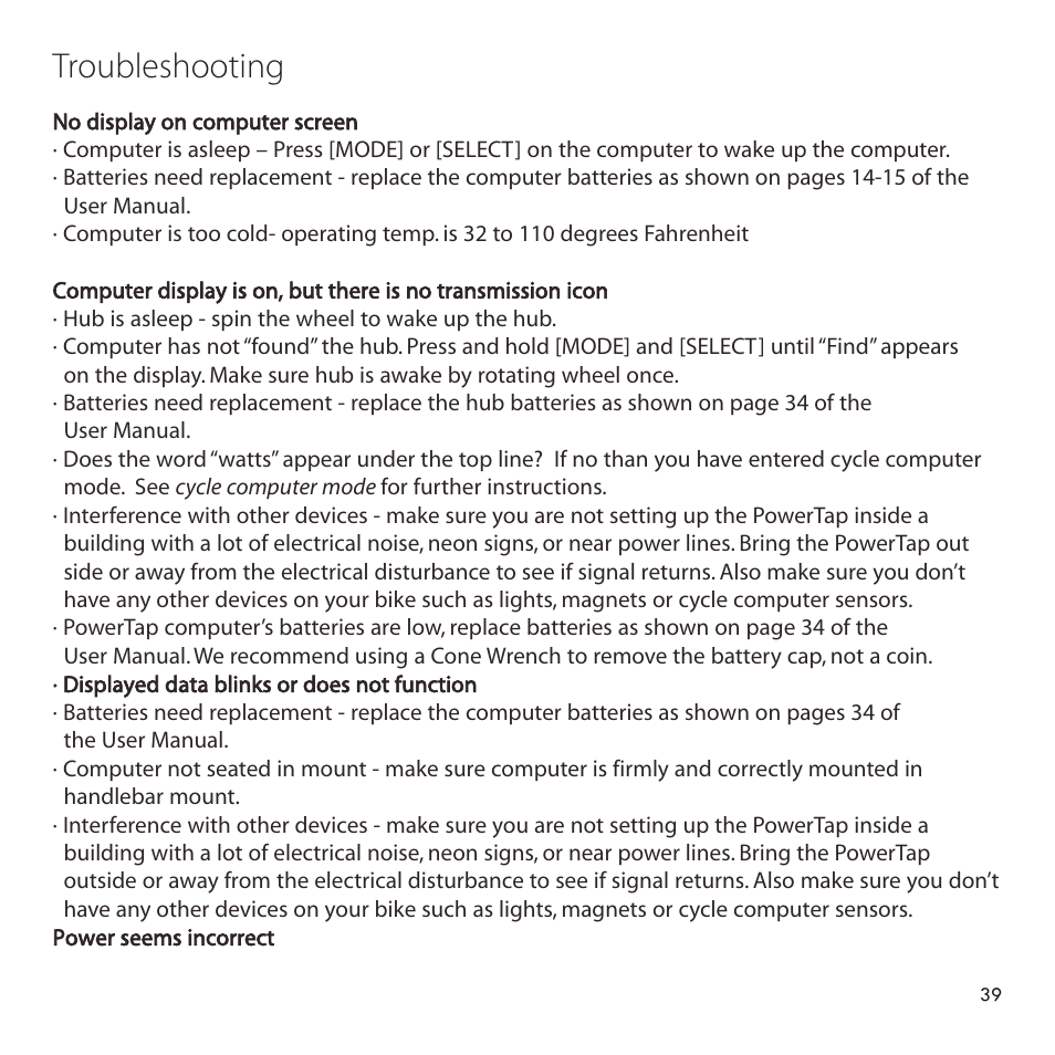 Troubleshooting | PowerTap SL 2.4 User Manual | Page 39 / 45