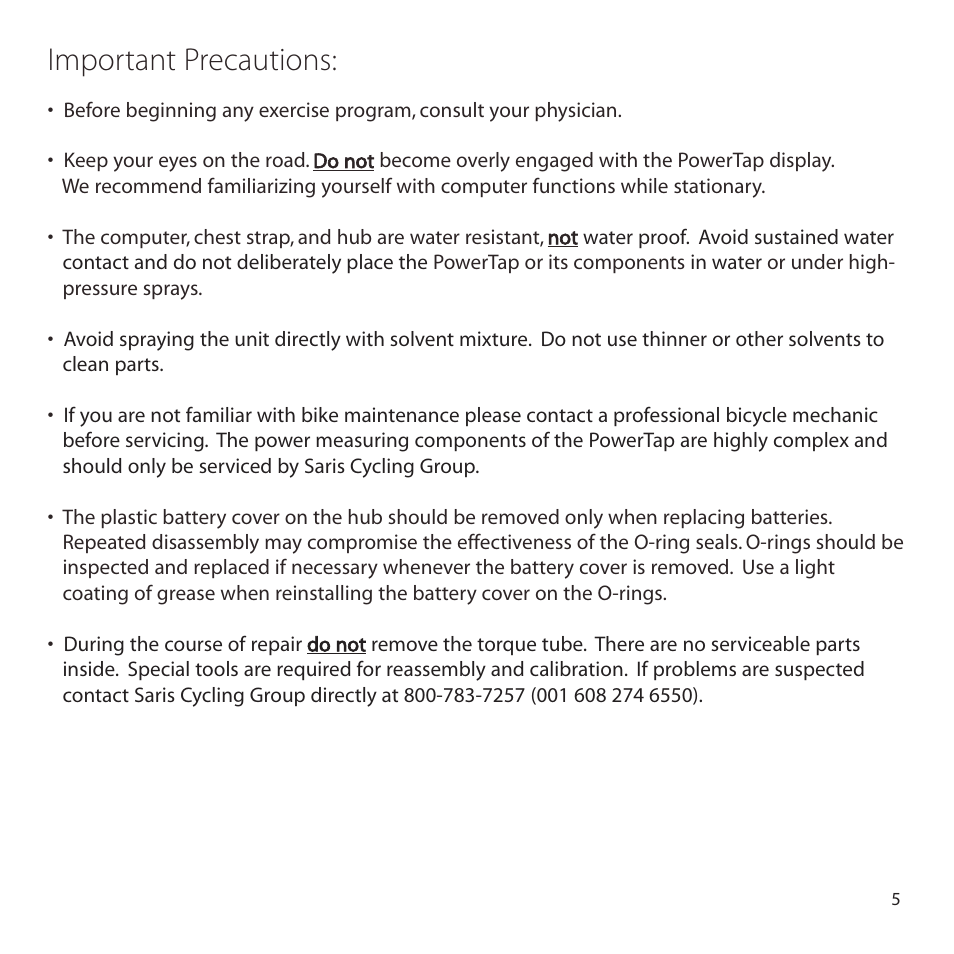 Important precautions | PowerTap SL 2.4 User Manual | Page 5 / 45