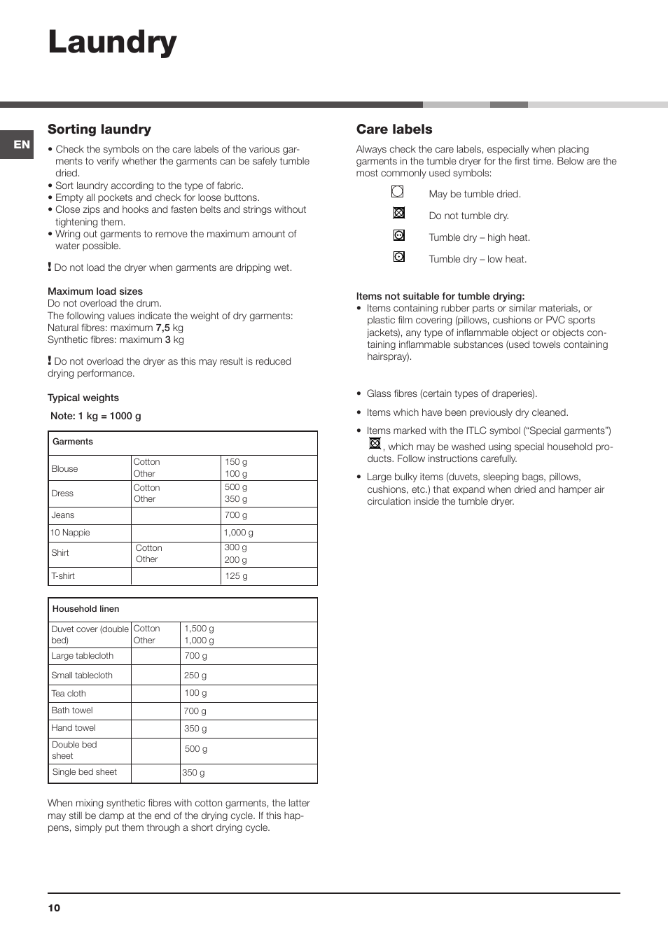 Laundry, Sorting laundry, Care labels | Indesit IDVA 835 User Manual | Page 10 / 64