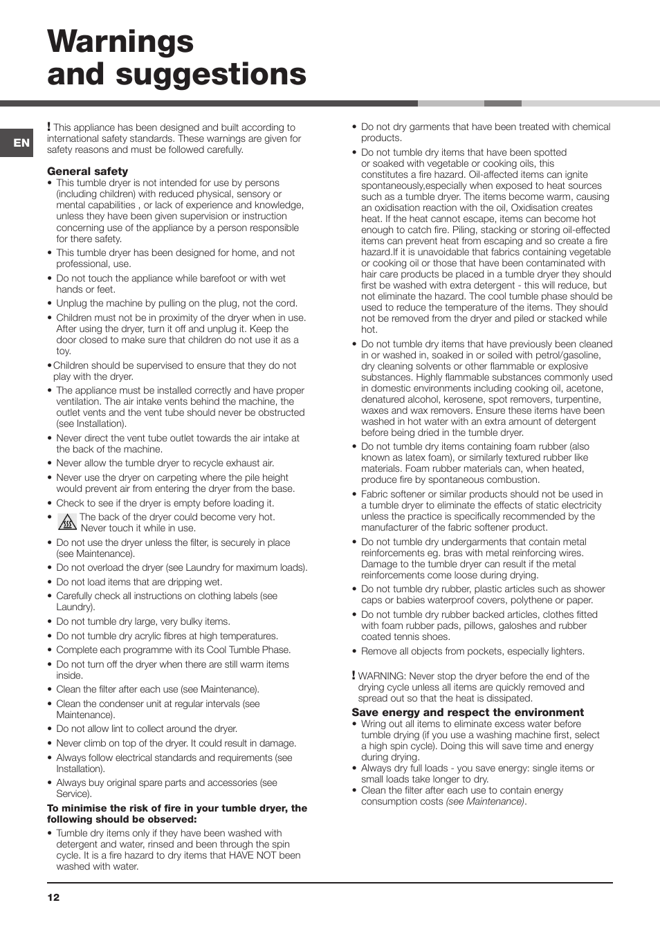 Warnings and suggestions | Indesit IDVA 835 User Manual | Page 12 / 64