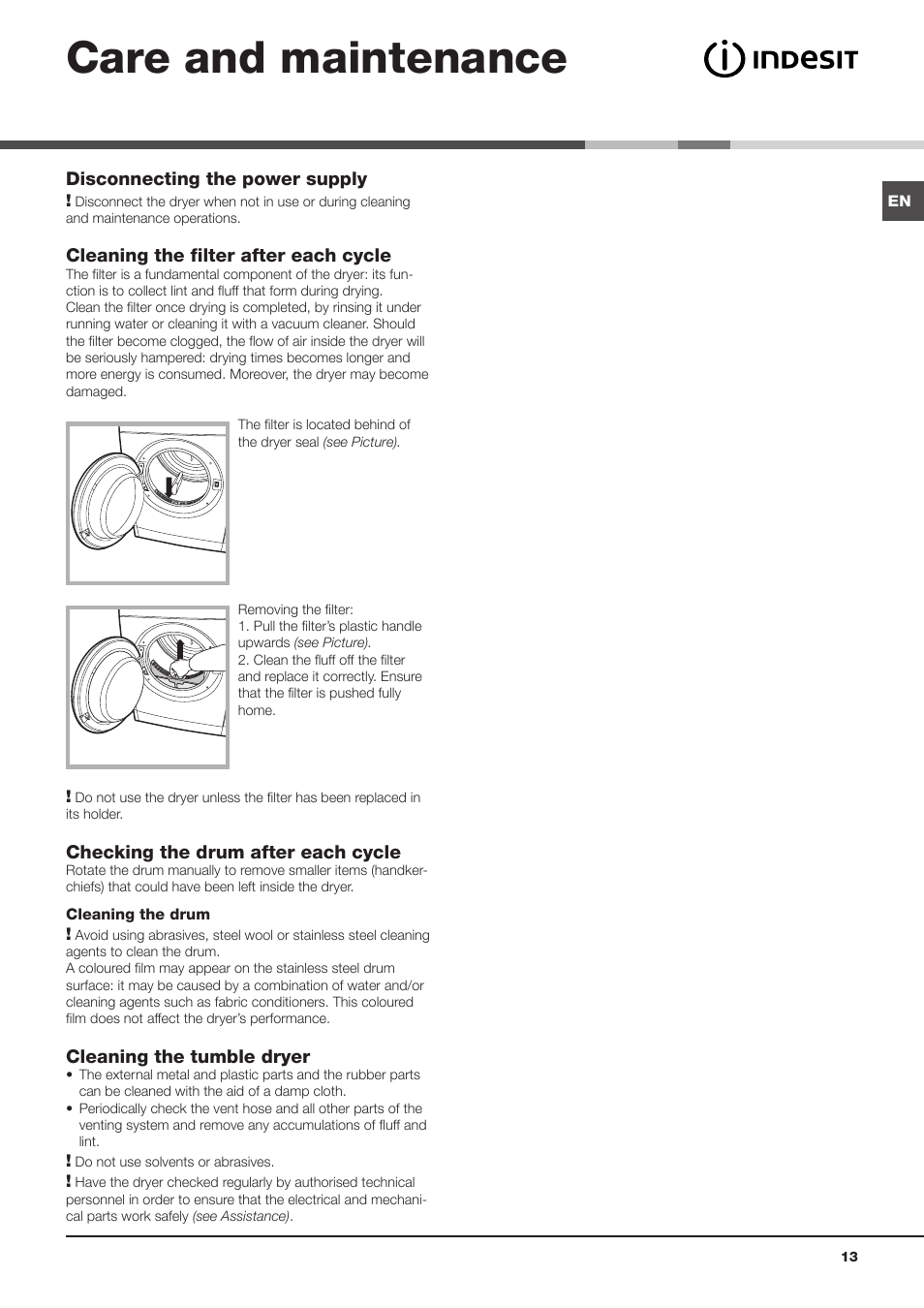 Care and maintenance | Indesit IDVA 835 User Manual | Page 13 / 64