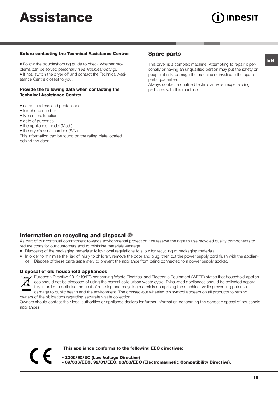Assistance | Indesit IDVA 835 User Manual | Page 15 / 64