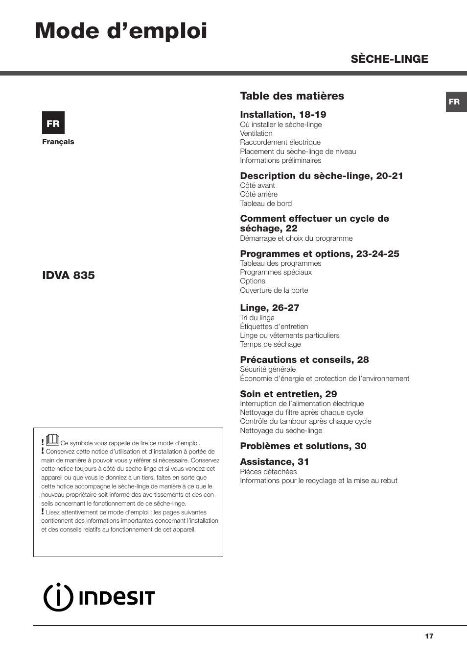Indesit IDVA 835 User Manual | Page 17 / 64
