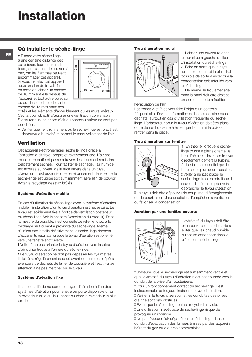 Installation, Où installer le sèche-linge, Ventilation | Indesit IDVA 835 User Manual | Page 18 / 64