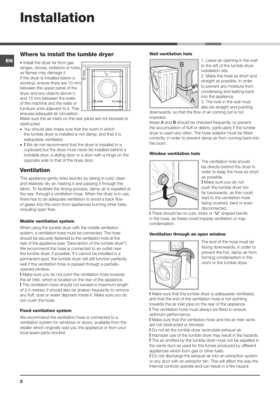 Installation, Where to install the tumble dryer, Ventilation | Indesit IDVA 835 User Manual | Page 2 / 64