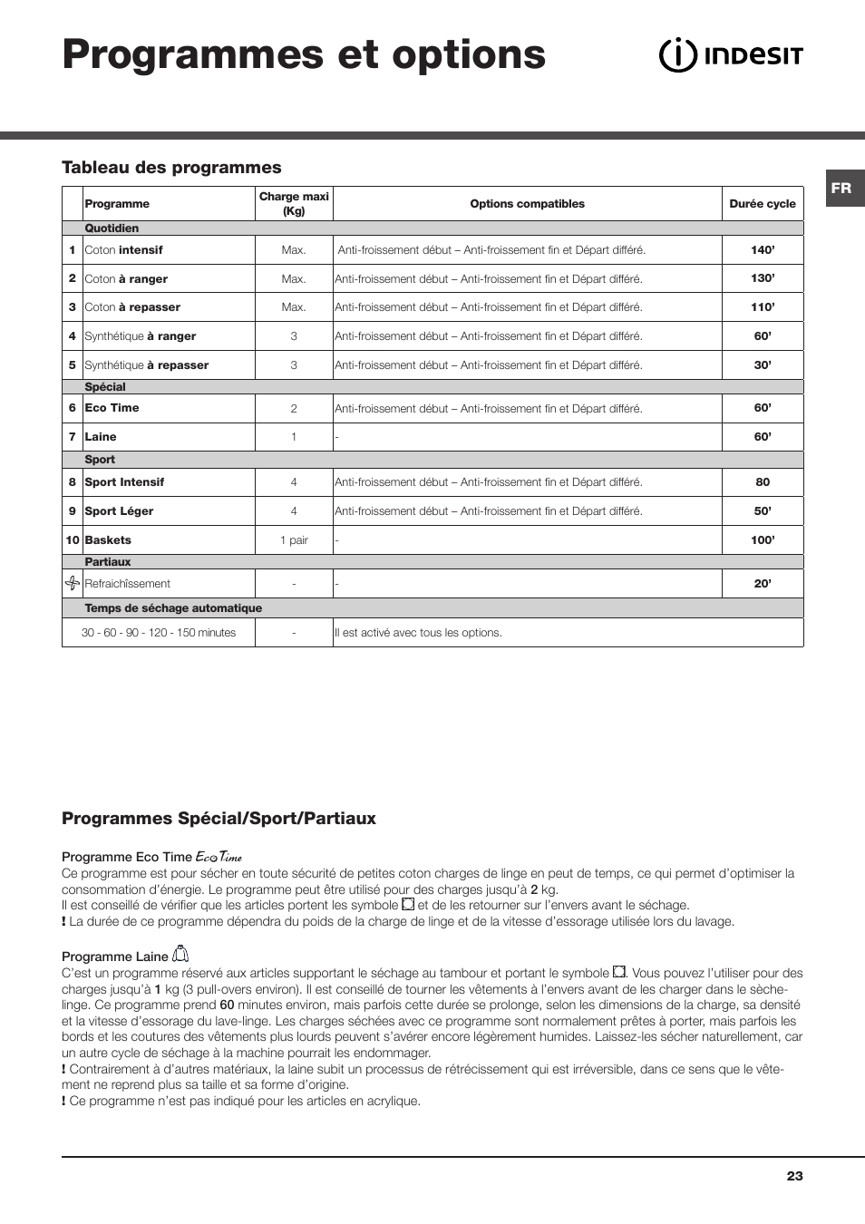 Programmes et options | Indesit IDVA 835 User Manual | Page 23 / 64