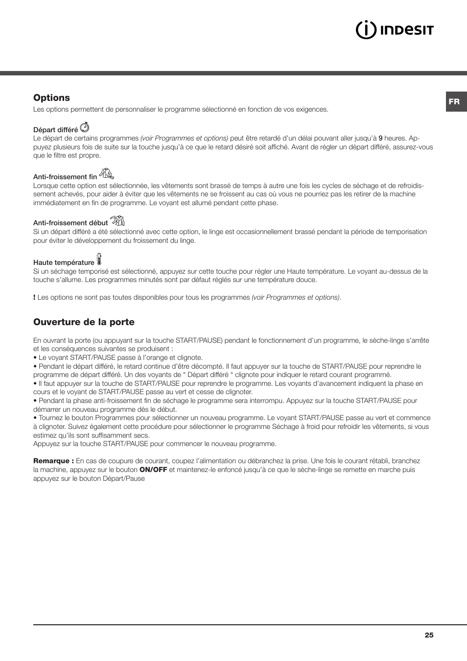 Options, Ouverture de la porte | Indesit IDVA 835 User Manual | Page 25 / 64