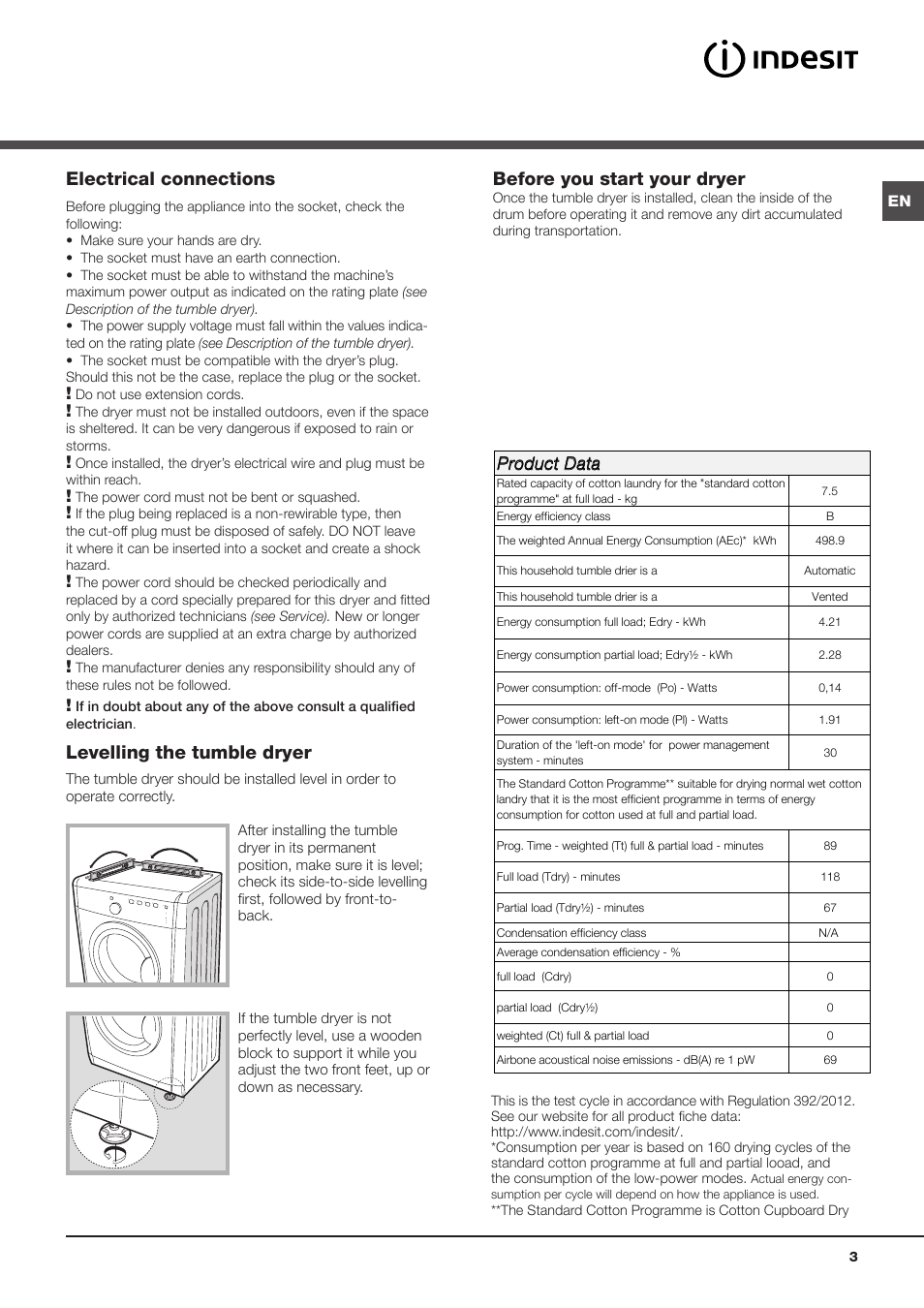 Electrical connections, Levelling the tumble dryer, Before you start your dryer | Product data | Indesit IDVA 835 User Manual | Page 3 / 64