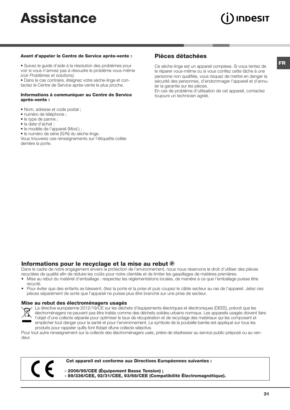 Assistance, Pièces détachées, Informations pour le recyclage et la mise au rebut | Indesit IDVA 835 User Manual | Page 31 / 64