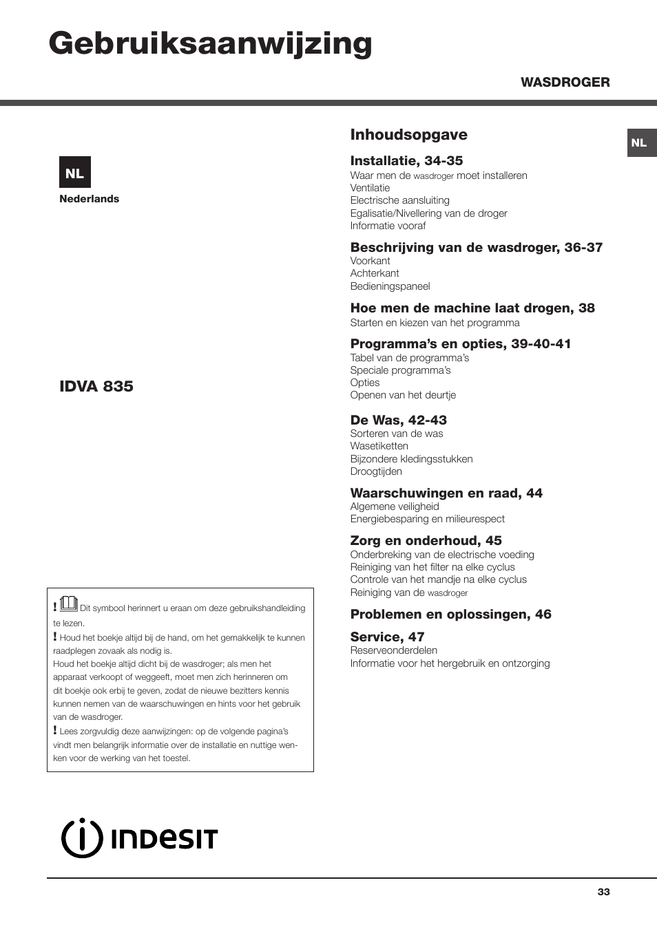 Gebruiksaanwijzing, Inhoudsopgave, Idva 835 | Indesit IDVA 835 User Manual | Page 33 / 64