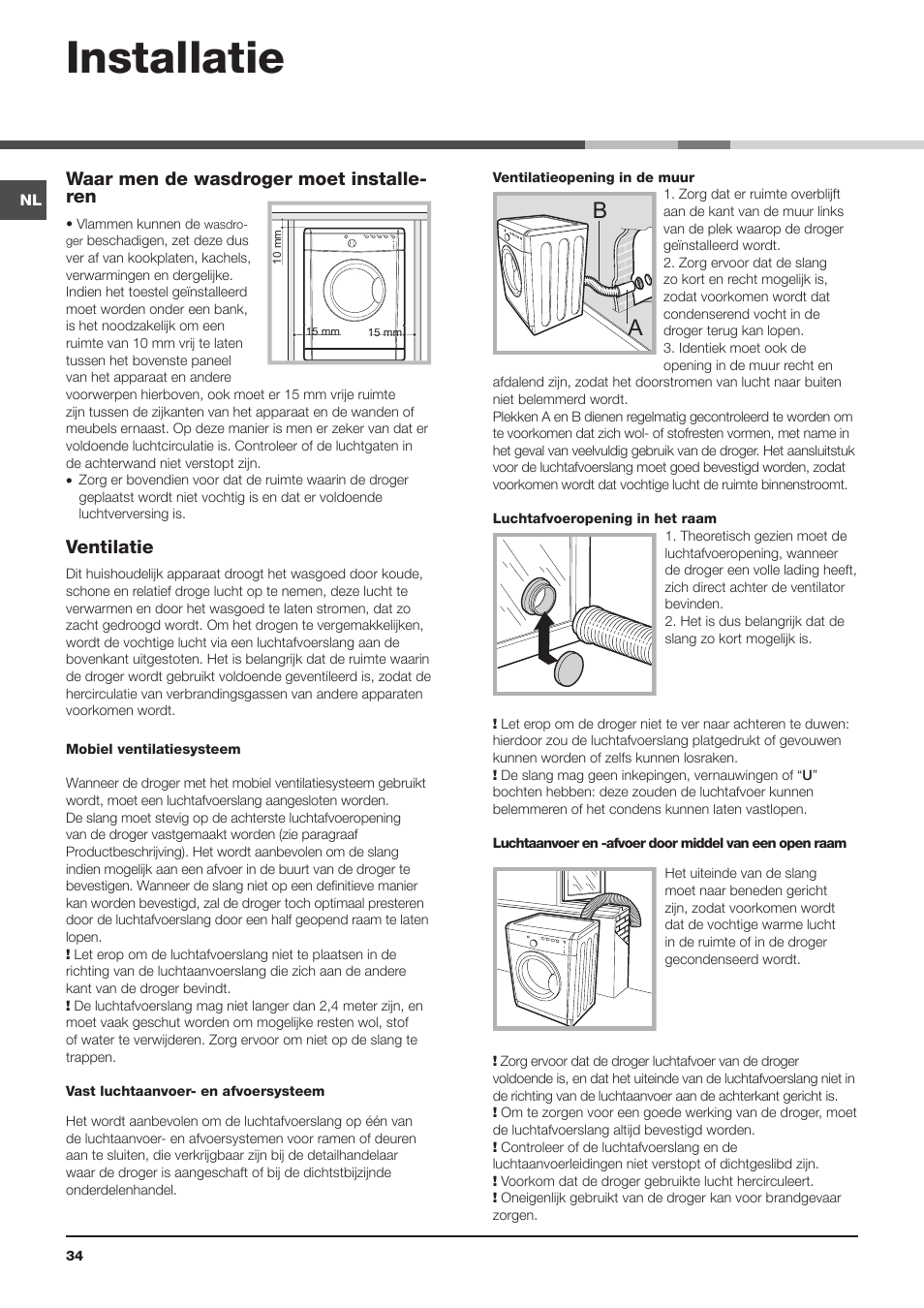 Installatie, Waar men de wasdroger moet installe- ren, Ventilatie | Indesit IDVA 835 User Manual | Page 34 / 64